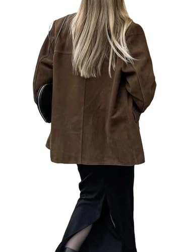 Vintage Suede Brown Blazer Jackets for Women - Oversized Fall Winter Outerwear4
