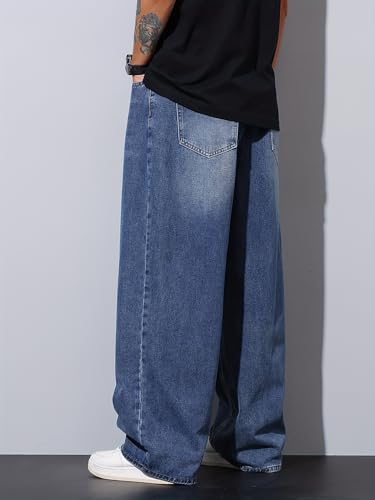 Image of AVANOVA Men's Baggy Fit Jeans- Solid Washed Denim Straight Wide-Leg | Streetwear Casual Dailywear Pants for Men | Trendy Loose-Fit Mid-Waist Denim Trousers (Jeans 247)