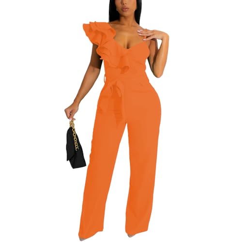 HBQ Womens Casual One Piece Jumpsuits V-Neck Sleeveless Ruffle Backless Belted Elegant Romper Wide Leg Pant Sexy Party Clubwear Overalls Orange Solid XX-Large