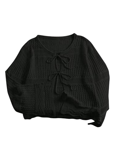 GORGLITTER Women's Plus Size Tie Front Crochet Cardigan Light Weight Long Sleeve Oversized Knit Sweater Tops