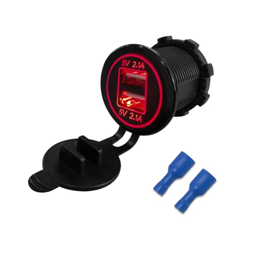 Dickno Dual USB Charger Socket, Waterproof 2.1A & 2.1A Fast Charge Dual Port Outlet, USB Cigarette Lighter Socket with Lid, Universal Fit for 12V/ 24V Car Boat RV ATV Bus Truck (Red)