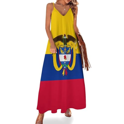 KAOEOSI Colombia Coat of Arms Flag Colombian Flags Women's Ankle Length Dress Summer Maxi Long Dresses Sleeveless Strap Sundress L