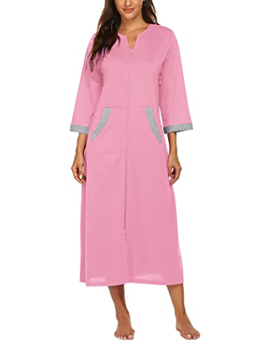 Image of Ekouaer Women Zipper Robe 3 /4 Sleeves Loungewear Dress Full Length Sleepwear Pockets Housecoat Nightgown Long Bathrobe