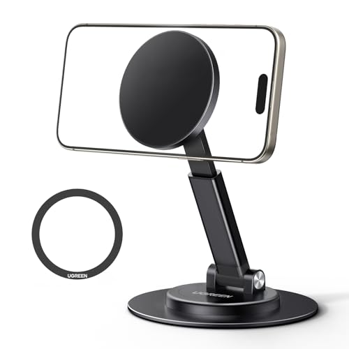 UGREEN Soporte Magnético para iPhone de Mesa, Stand de Escritorio Giratorio y Plegable con 1 Anillo de Metal, No Admite Carga, Negro