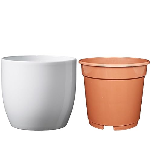SK Soendgen - Vaso in ceramica Basel, diametro 19 cm, bianco lucido + vaso per coltivazione Ø 18 cm, ambiente domestico di alta qualità