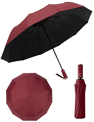UV Sun Rain Umbrella,12 Ribs Compact Folding Travel Umbrella for Women Men Kids, Auto Open Close Compact Folding Rain Umbrellas for Daily Uses, Portable Windproof Umbrella 2 in 1 Umbrella (Wine Red) Cover