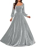Vestido de dama de honor de terciopelo para mujer, de manga larga, cuello cuadrado, acampanado, formal, vestido de fiesta de noche, plata, 56 Grande