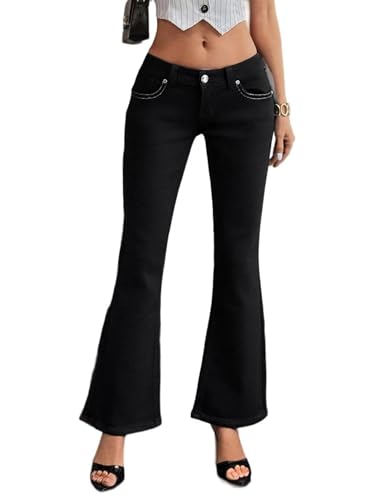ZRP Women’s Black Elastic Low-Waisted Bell-Bottom Pants, Stretch Denim, Plus & Regular Sizes