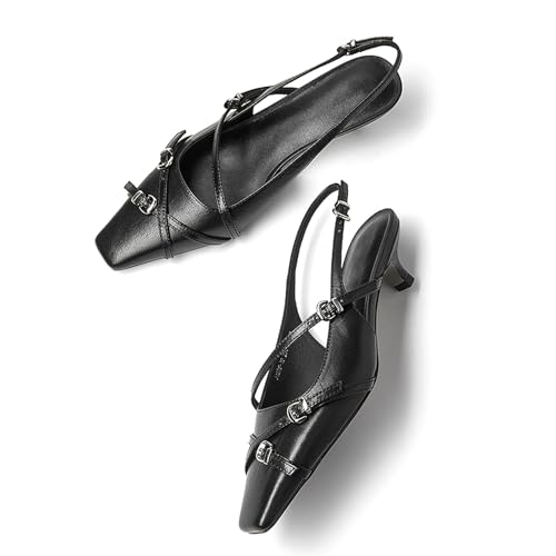 LEMUTISME Women's Stylish Matte Leather Square Toe Buckled Dressy Low Kitten Heel Chic Strappy Slingback Pumps Shoes2