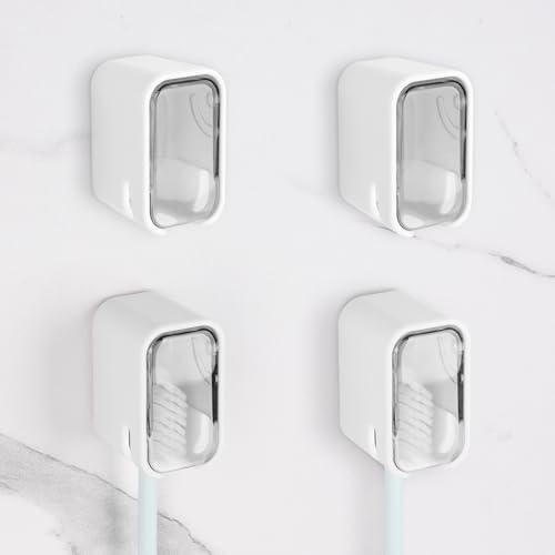 4 Pack Toothbrush Holders for Bathrooms Shower, Wall Mount Toothbrush Organizer with Cover, Self Adhesive Electric Toothbrush Storage, Quick Dry Toothbrush Hanger (Grey)