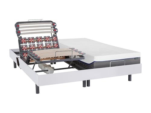 Vente-unique - Lit électrique de Relaxation Lattes et plots + Matelas mémoire de Forme - 2 x 80 x 200 cm - Blanc - DIONYSOS de YSMÉE