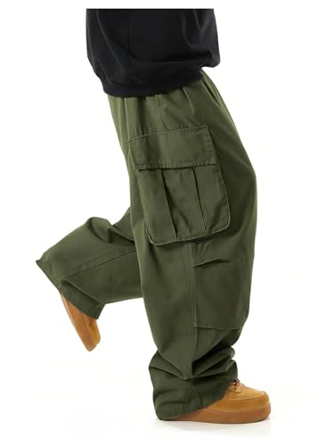 OYOANGLE Men's Drawstring Elastic Waist Flap Pockets Streetwear Baggy Cargo Pants Joggers Hiking Trousers3