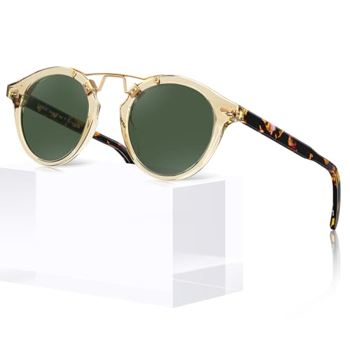 Image of CARFIA Double Bridge Small Acetate Sunglasses for Women Polarized, Retro Metal Brow Ladies Sunnies Fashion Round Eyewears