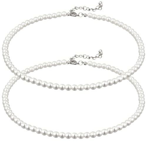 Aurelema 2 Pack Long Pearl Necklace for Women 1920s Costume Party Jewelry Faux Pearls Strand Beads for Ladies(14 Inches,6 mm,Collar,Cream White)