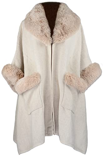 Image of Women Poncho with Pocket Warm Cashmere Cardigan Cape with Rabbit Fur