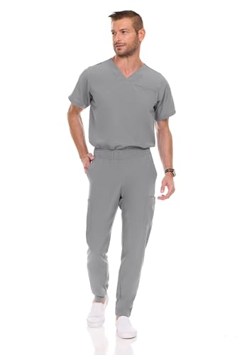 MediChic Men Scrubs Set - Stretch V-Neck Scrub Top with 7-Pocket Pants, Anti-Wrinkle, Yoga Waistband Workwear Scrubs for Men