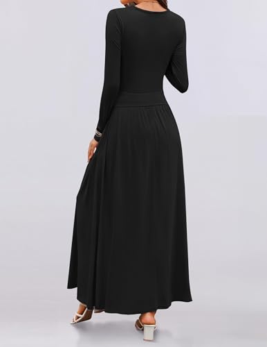 Zesica Women'S Long Sleeve Maxi Dress 2024 Fall Crewneck Knit Casual Slim Swing Pleated Dresses With Pockets,Black,Small thumb #3