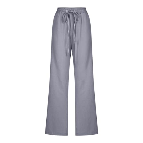 Image of Linen Pants Women High Waisted Drawstring Casual Pant Cotton Linen Straight Leg Lounge Trousers with Side Pockets