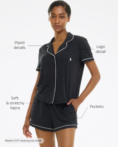 Image of U.S. POLO ASSN. Summer Pajamas for Women Set - Short Sleeve Button Up Top and PJ Shorts - Bridesmaid Lounge Sets for Women