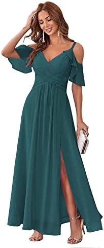 KMQSY Women's Bridesmaid Dresses Long Chiffon Off Shoulder Formal Dress with Slit Formal Evening Gowns Peacock Size 0,KM95