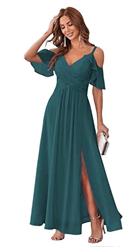 Kmqsy Women's Bridesmaid Dresses Long Chiffon Off Shoulder Formal Dress With Slit Formal Evening Gowns Peacock Size 0,Km95 #TOP1