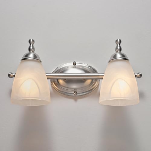 Image of Globe Electric 63000104 3-Piece Bath Accessories, Satin Nickel Finish, 15 inch 2-Light Vanity Light, Alabaster Glass Shades, Toilet Paper Holder, Towel Ring, Bathroom Decor, Home Essentials