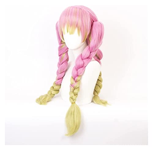ZUKKY Peruca de cosplay de anime, peruca de caçador de demônios, peruca trançada rosa verde desbotad