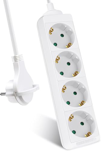 EXTRASTAR 4-Fach Steckdosenleiste, Flachstecker Mehrfachsteckdose mit 3m Kabel, Flacher Stecker mit Kindersicherung, 16A/3680W, Weiβ
