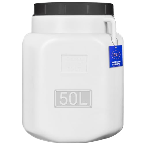 FIXKRAFT Weithalsfass Futtertonne Hund Gärfass Lebensmittelbehälter mit Deckel Kanister Lebensmittelecht Futter Tonne Pferd Mostfass (Weiß, 50 Liter)