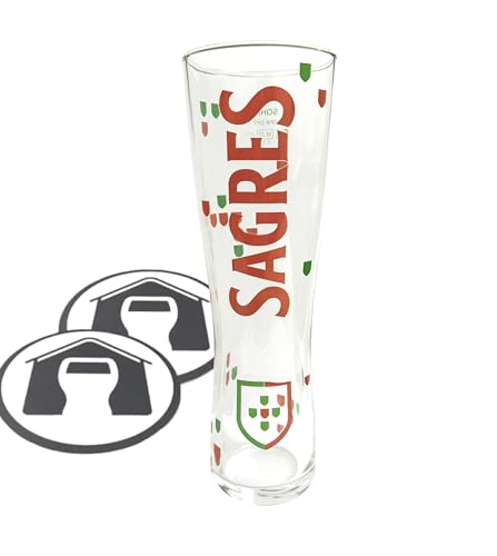 GarageBar Vaso de cerveza Sagres de pinta | Nucleado | Pinta a ala | Producto oficial | Viene con 2 alfombrillas de goteo de cerveza | 1 vaso