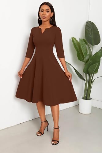 Image of Nmoder Midi Dresses for Women A-Line Fit and Flare Dress 3 /4 Sleeve V Neck Cocktail Wedding Guest Work Dress with Pockets