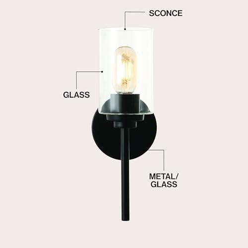 Image of JONATHAN Y 13 inch Black Clear 1-Light Metal Cylinder Wall Sconce Farmhouse Industrial Modern Indoor Lighting for Hallway Bathroom with Glass Shade LED Bulb Included JYL9547D