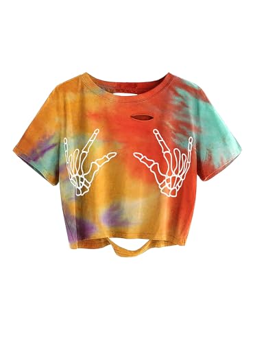 Avanova Women Crop Tops Skull Finger Graphic Tie Dye Tee