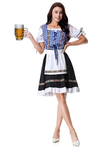 maxToonrain Oktoberfest Outfit Women German Beer Bavarian Dirndl Dress Plaid Short Sleeve for Halloween Beer Festivals (Blue Gingham White Apron L)