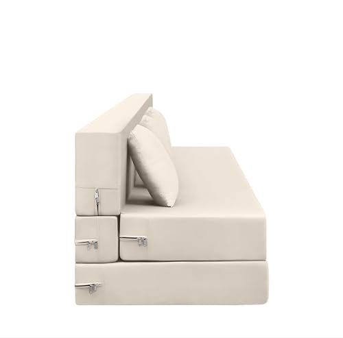 Image of AMATA Instant 3 Seater Foldable Sofa Cum Bed Cream Suede Velvet Fabric with 2 Pillow Perfect for Home Living Office Room and Guests (3 Year Warranty) (Cream, Instant 3 Seater Sofa Cum Bed)