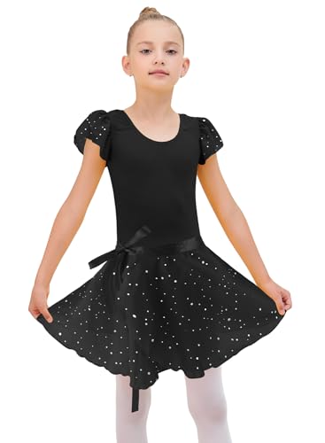 Image of EQSJIU Ballet Leotards for Girls with Removable Skirt Combo Tie Ruffle Sleeve Ballet Dance Dress Outfit 2-12 Years
