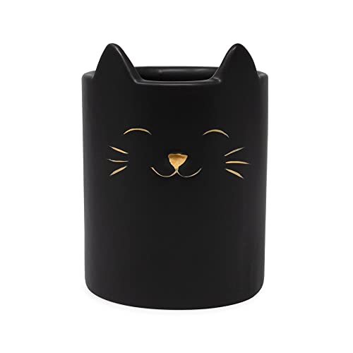 Isaac Jacobs Black Ceramic Cat Makeup Brush Holder, Multi-Purpose Cup Organizer. Bathroom, Kitchen, Bedroom, Office Décor (Single Cup, Matte Black)
