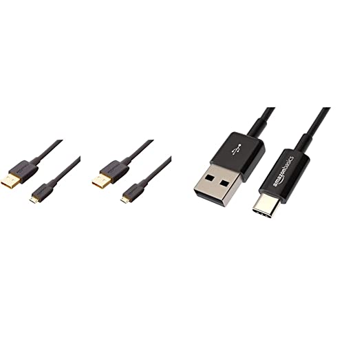 Amazon Basics USB 2.0 A-Male to Micro B Cable (2 Pack), 3 feet, Black & Amazon Basics USB Type-C to USB-A 2.0 Male Charger Cable, 3 Feet (0.9 Meters), Black, 1 Count, 1-Pack