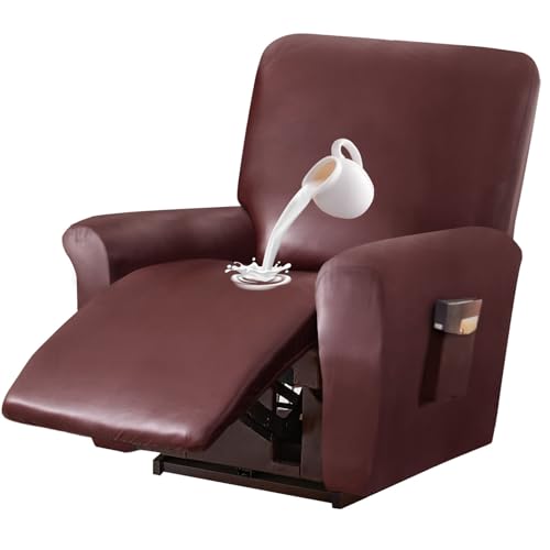 ZRCYXDW 防水 リクライニングソファーカバー, PU 皮革 リクライニングチェアカバー 4ピース 滑り止め 着脱式 リクライニングカバー ソファーカバー-ワインレッド-1 人掛け