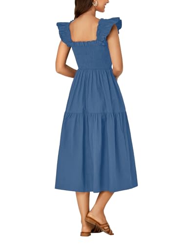 Image of Rooscier Women's A Line Smocked Midi Dress | Summer Sleeveless Square Neck Casual Sundress