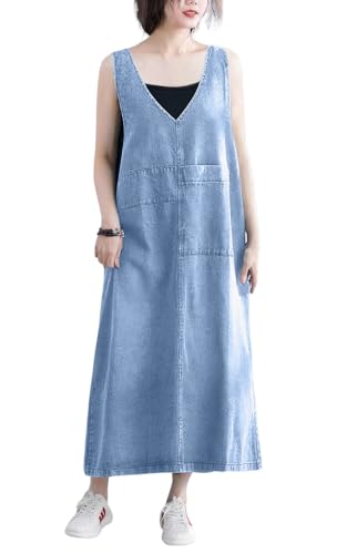 ebossy Casual Loose Denim Overall Jumper Dress Women's Back Slit Pinafore Long Jean Dress with Pockets (XS, Light Blue)