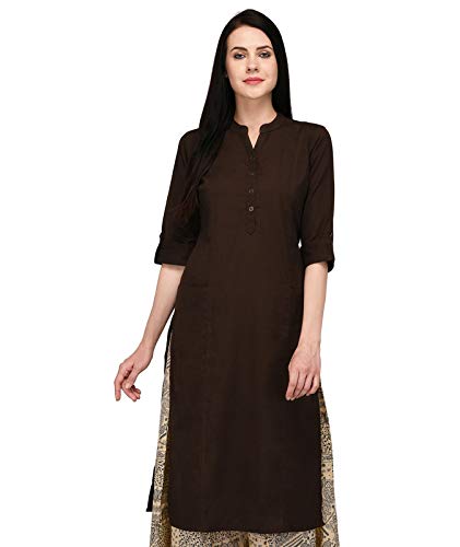 Image of Pistaa's Women's Cotton Relaxed Fit Straight Solid Kurta With Two Patch Pockets