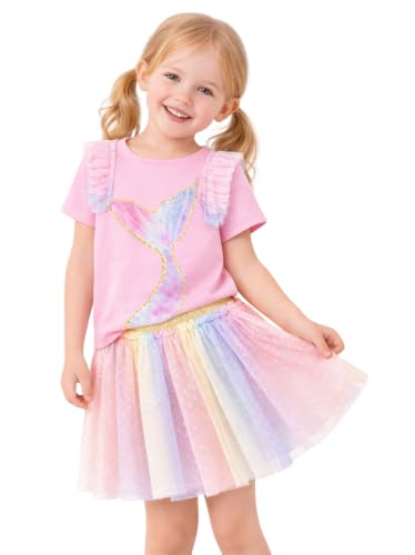 Image of HILEELANG Girls Skirt Set 2 Piece Outfit Cotton Tee Tulle Skirt Set | Soft Cotton Tee, Applique Detail, Layered Tulle Skirt with Lining, Lightweight Comfort for Toddler Little Girls