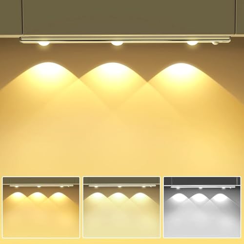 Necomi Under Cabinet Lights 40cm Motion Sensor Closet Lights Wireless USB Rechargeable Kitchen Night Lights Battery Powered Operated Light for Wardrobe Closets Cabinet 3 Colors 3 lamp beads