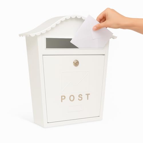 Assorted Collections Wall Mounted Post Box Contemporary Design Large Letterbox Lockable 2 Keys Iron Weatherproof Mailbox Easy To Install - White, 35.5 x 26 x 10 cms