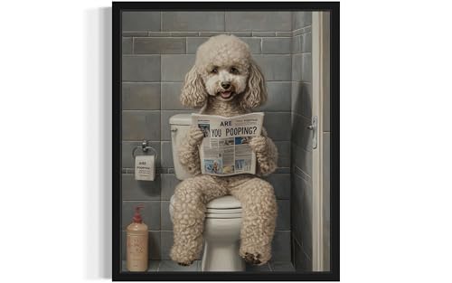 Image of Poodle White on Toilet Black Framed Wall Art Print Poster, Dog Bathroom Humor Decor Posters Prints for Restroom Home Picture Painting Artwork Gallery 7 (Poodle White, 10 inchL x 8 inchW, Black Frame)