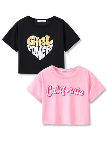 Image of Stylish Graffiti /Butterfly Graphic Crop Top for Girls -Cool Summer T-Shirt Soft Colorful 2-Pack Tees Size 6-18