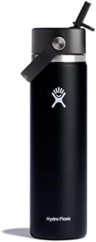 HYDRO FLASK - Water Bottle 709 ml (24 oz) with Flex Straw Cap - Vacuum Insulated Stainless Steel Water Bottle Flask - BPA-Free - Wide Mouth - Black
