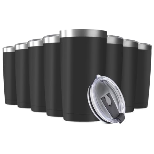 Deitybless 8 Pack 20oz Tumbler Vacuum Insulated Travel Mug with Lids, Stainless Steel Double Wall Bulk Cup for Home, Office, Outdoor Suitable for Vehicle Cup Holders(Black)
