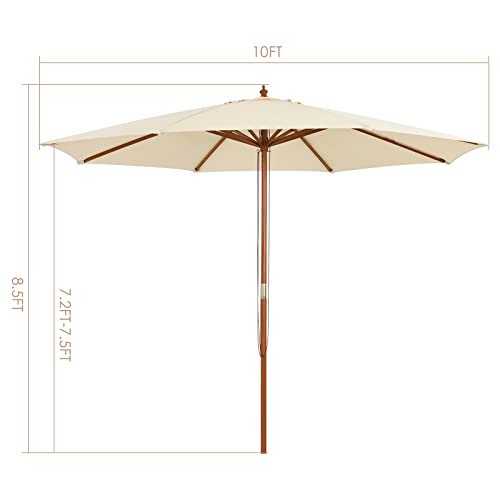 Tangkula 10Ft Patio Umbrella, Outdoor Table Market Umbrella W/8 Wooden Ribs, 3 Adjustable Heights, Rope Pulley System, Detachable Pole, Wooden Patio Umbrella For Garden, Poolside, Backyard (Beige) #TOP3